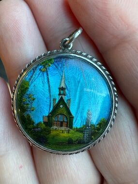 Vintage Sterling Silver Morpho Butterfly Wing Pendant Church Scene